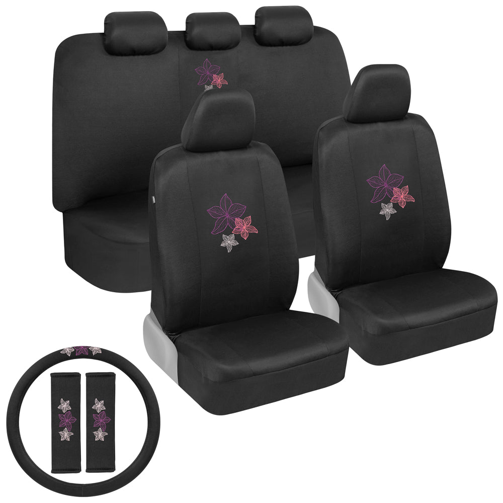 BDK 12-teilige Hawaiian Flowers Vordersitzbezüge, Rücksitzbezüge, Sitzgurtpads und Lenkradbezüge (Fits 14.5' - 15.5')