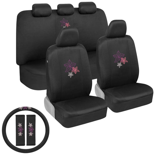 BDK 12-teilige Hawaiian Flowers Vordersitzbezüge, Rücksitzbezüge, Sitzgurtpads und Lenkradbezüge (Fits 14.5' - 15.5')