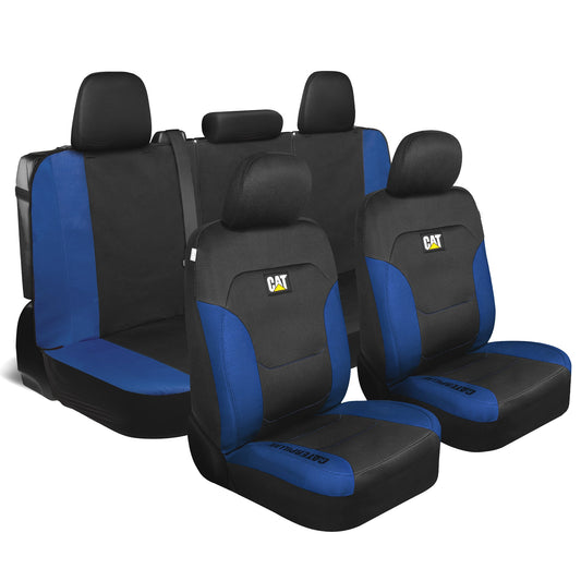 CAT Black & Blue Car Seat Covers Full Set – Front Seat Covers & Rear Bench Seat Cover – Airbag-kompatibel, 60/40 Split Bench für LKW, PKW & SUVs – Automotive Interior Seat Protection Zubehör – Alias 639034902301690571