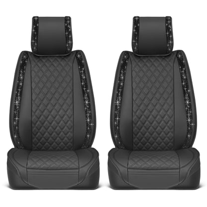 BlingStitchTM Car Seat Covers für Vordersitze - Luxuriöse vegane Ledersitzbezüge für Autos mit schwarzen Bling-Kristallen, Premium Automotive Seat Covers für SUV, Trucks, Car Bling Luxury