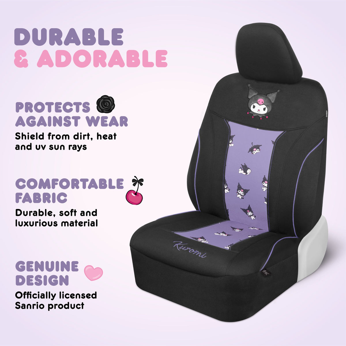 Hello Kitty Kuromi Autositzbezüge - Niedliche schwarze und violette Vordersitzbezüge mit Lavendelakzenten, langlebiges und komfortables Polyester, Autozubehör Hallo Kitty Zubehör 2pc