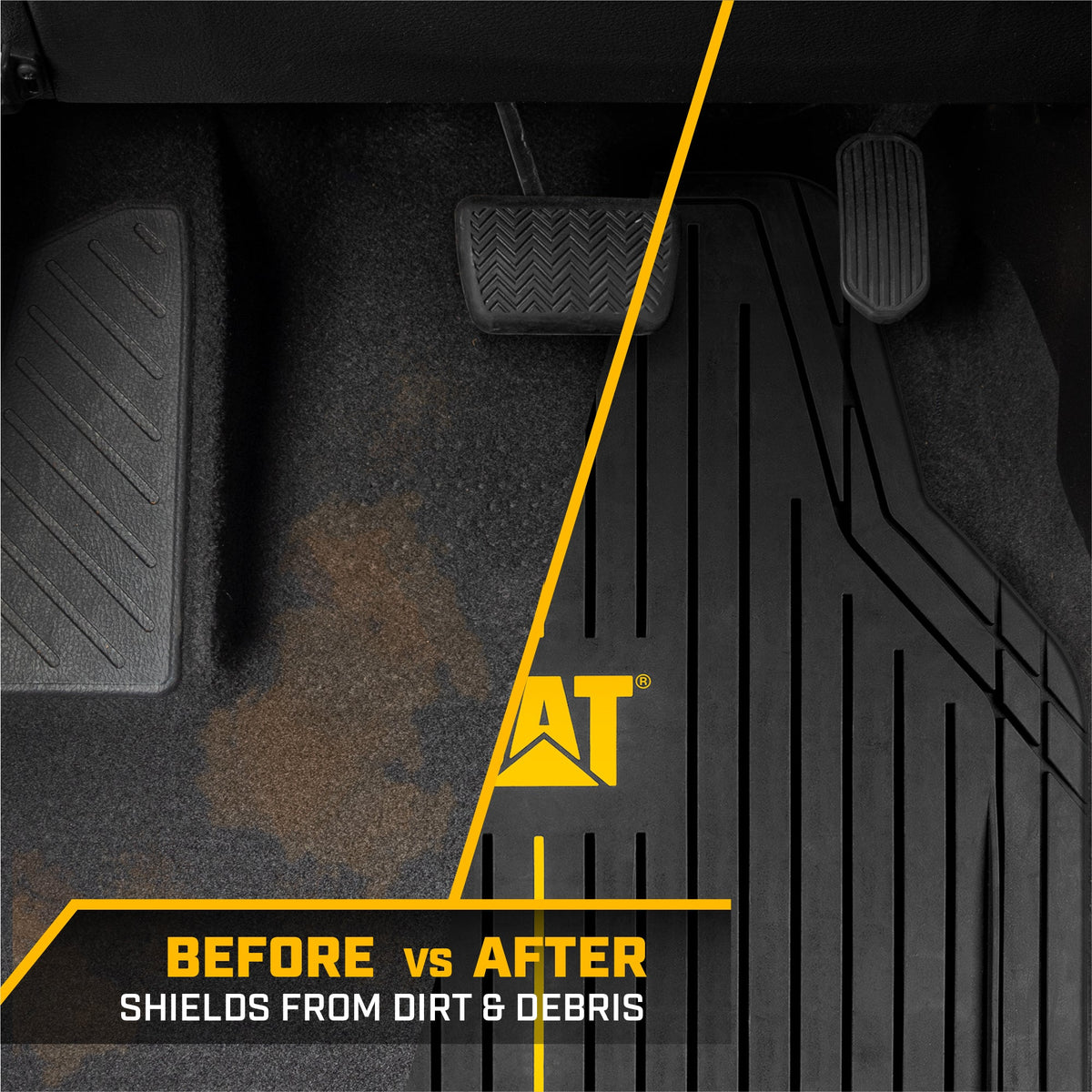CAT® Heavy-Duty 4 Stück schwarze Fußbodenmatten für Autos, LKW & SUVs - Trim-to-Fit Allwetter-Gummi-Automatten Vollset, wasserdichtes Innenzubehör, Car Rug Protection & Automotive Floor Liners