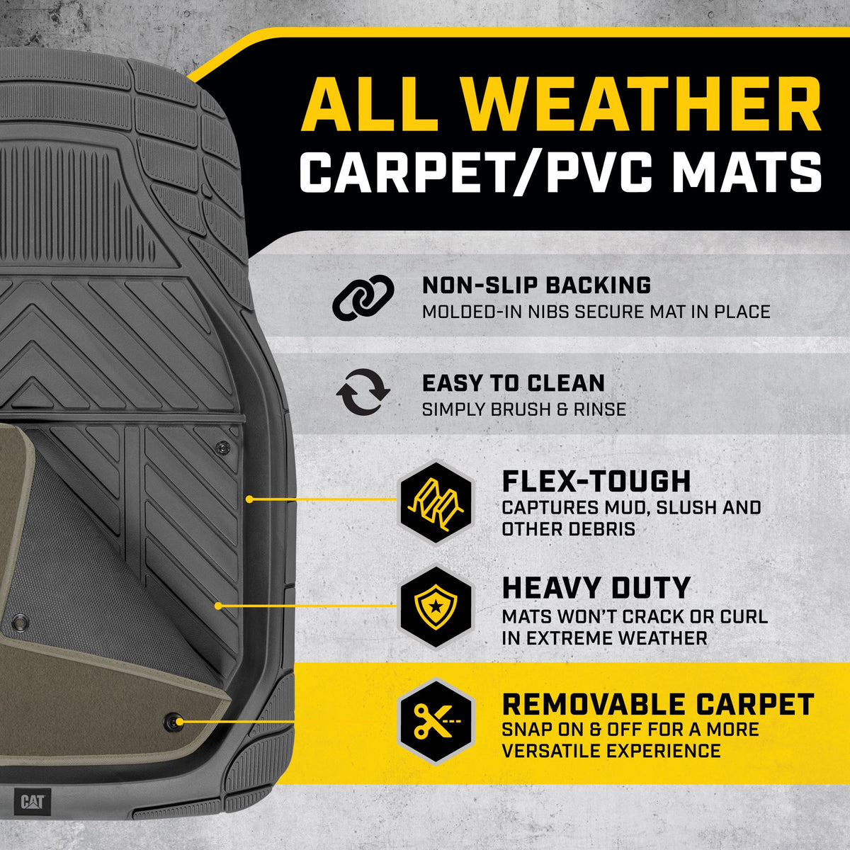 CAT 4-Stück abnehmbare Teppichtiefschalen Vorderbodenmatten und hintere Bodenmatten - Heavy Duty, All Weather, Trimmen, um zu passen