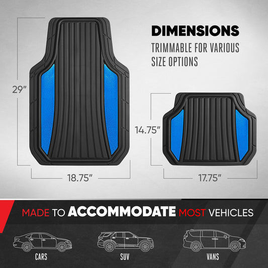 Motor Trend ChromeTech Autobodenmatten Volles Set - Langlebige Gummibodenmatten für Autos mit zwei Ton Akzent, Allwetter-Innenschutz für Vorder- und Rückseite mit rutschfester Rückseite, schwarz / blau