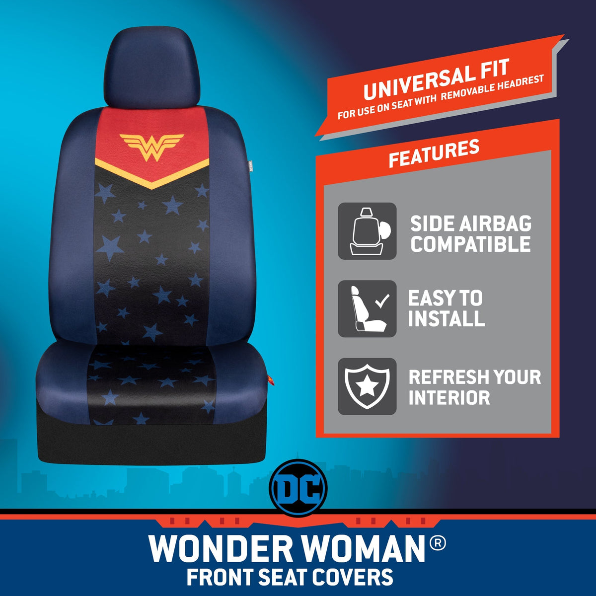 Warner Bros DC Comics 6-Piece Wonder Woman Vordersitzbezüge und Sitzgurtpads