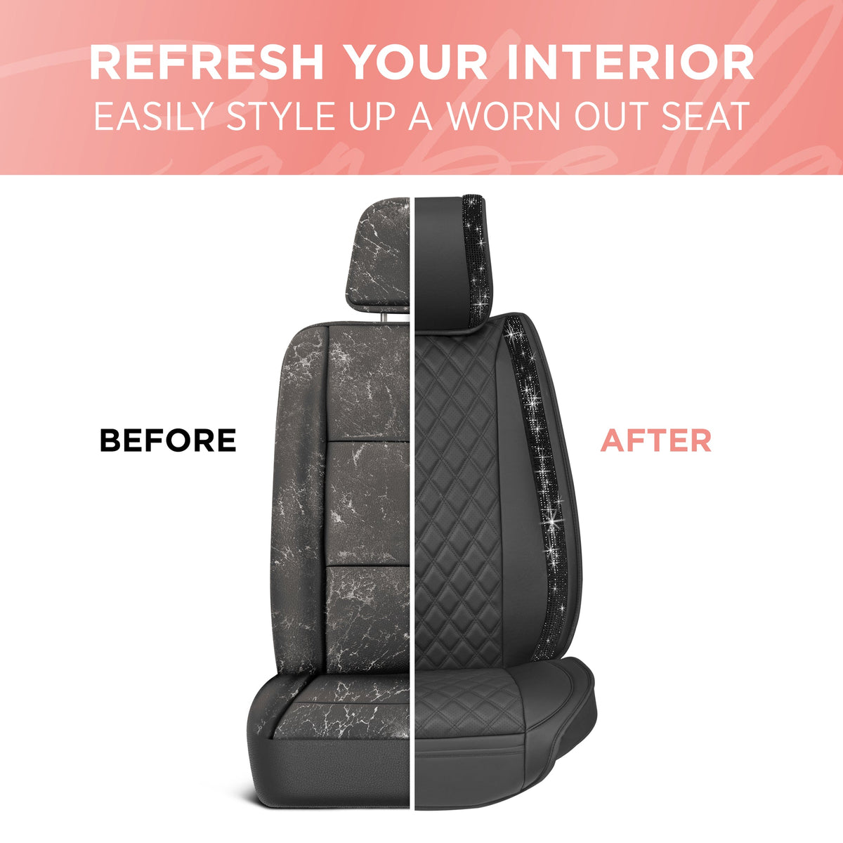 BlingStitchTM Car Seat Covers für Vordersitze - Luxuriöse vegane Ledersitzbezüge für Autos mit schwarzen Bling-Kristallen, Premium Automotive Seat Covers für SUV, Trucks, Car Bling Luxury