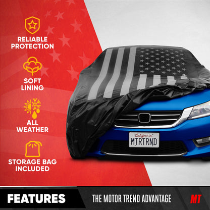 Motor Trend Black USA Flag Wasserdichte Autoabdeckung - Allwetterschutz im Freien, UV-resistent, winddicht, kratzfest - Semi-Universal Fit Limousine Full Car Cover für Sonnenregen Schnee (171'- 190' Länge)