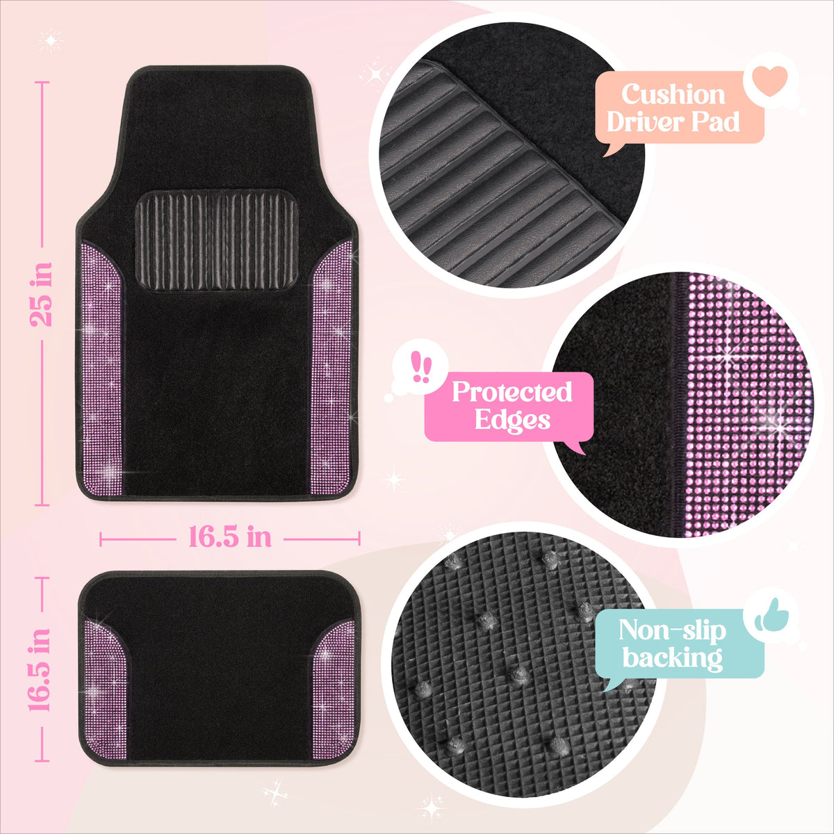 Carbella 4-Piece Diamond Bling Vorderbodenmatten und Hinterbodenmatten - Light Pink