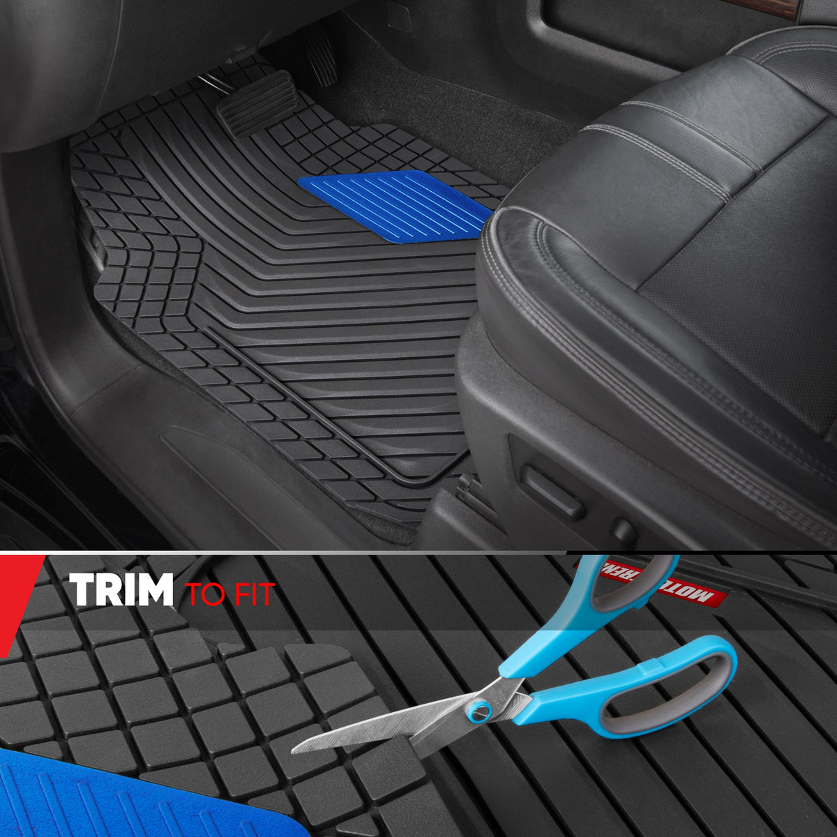 Motor Trend MetallicGuard Car Bodenmatten Volles Set - Langlebige Gummibodenmatten mit blauem Metallic Heel Pad, Allwetter-Innenschutz für Vorder- und Rückseite mit rutschfester Rückseite