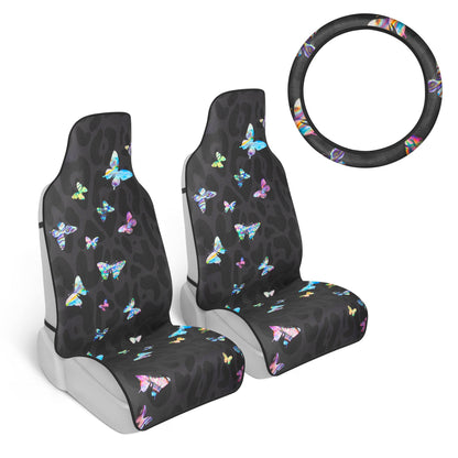 Carbella 3-Stück Bunte Schmetterlinge mit schwarzen Leoparden-Hintergrund-Vordersitzabdeckungen und Lenkradabdeckung (Fits 14.5' - 15.5')