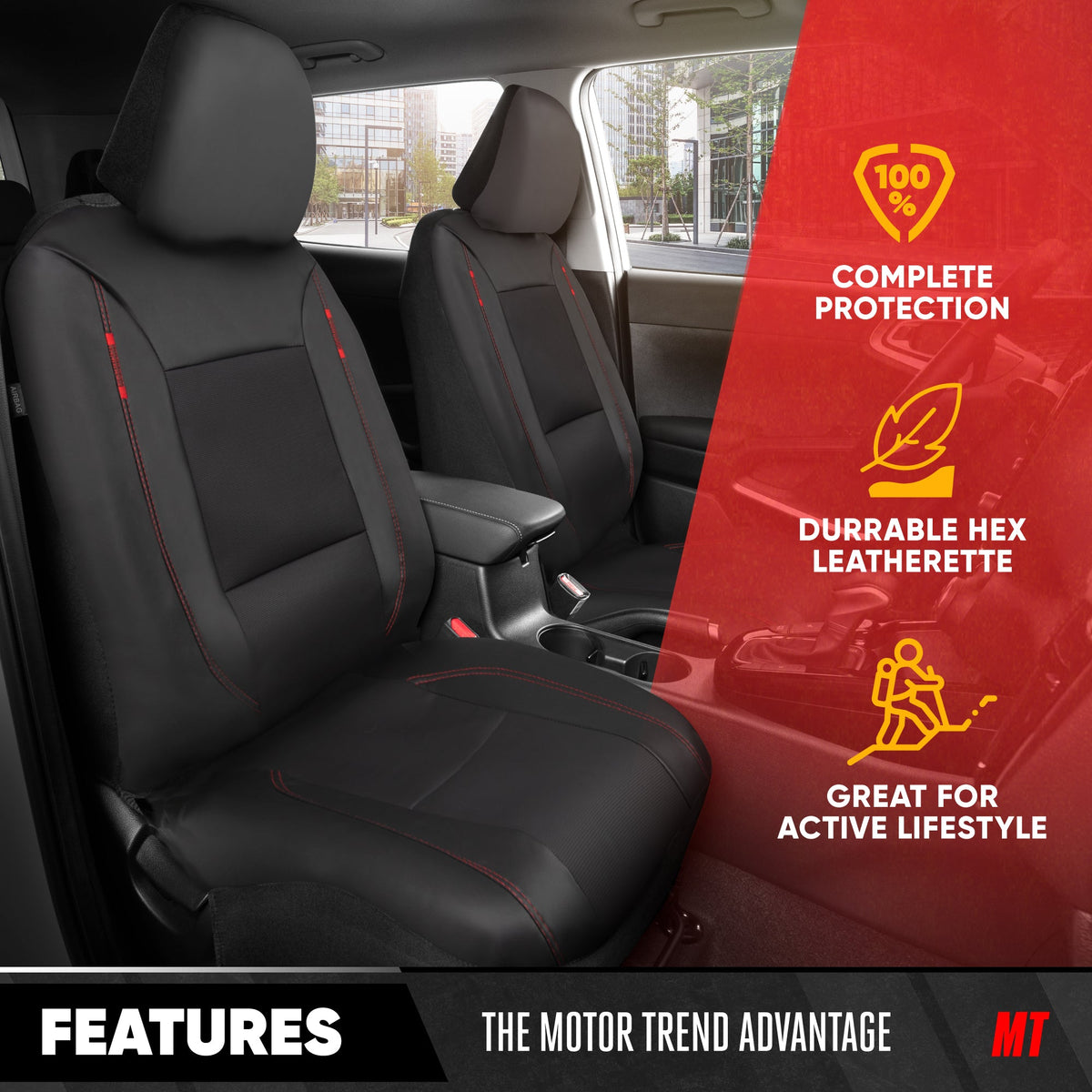 Motor Trend Hex Lederette Sitzbezüge - Universal Fit Front Seat Protector für Autos, LKW, SUVs - Premium Interior Protection, Einfach zu installierendes Auto Upgrade, Black & Red Car Seat Cover