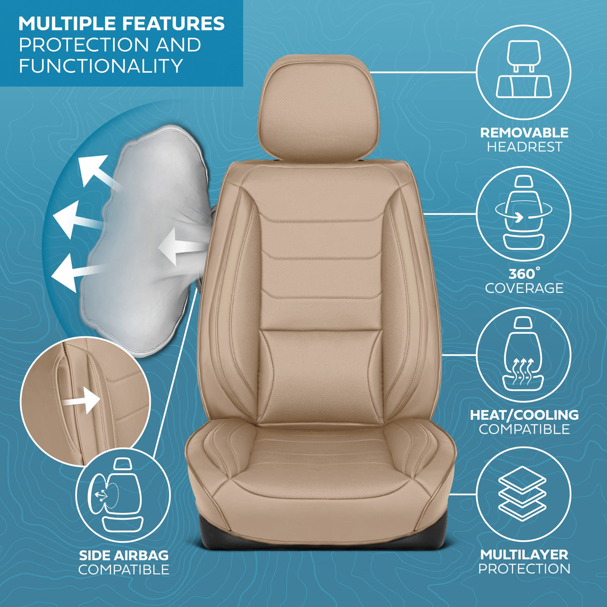 MotorBox Elite Edition Faux Ledersitz Abdeckungen für Autos, LKW und SUV - 2 Beige Autositz Abdeckungen für Vordersitze - Universal Fit Car Zubehör Automotive Interior Cover Protector für die meisten Fahrzeuge