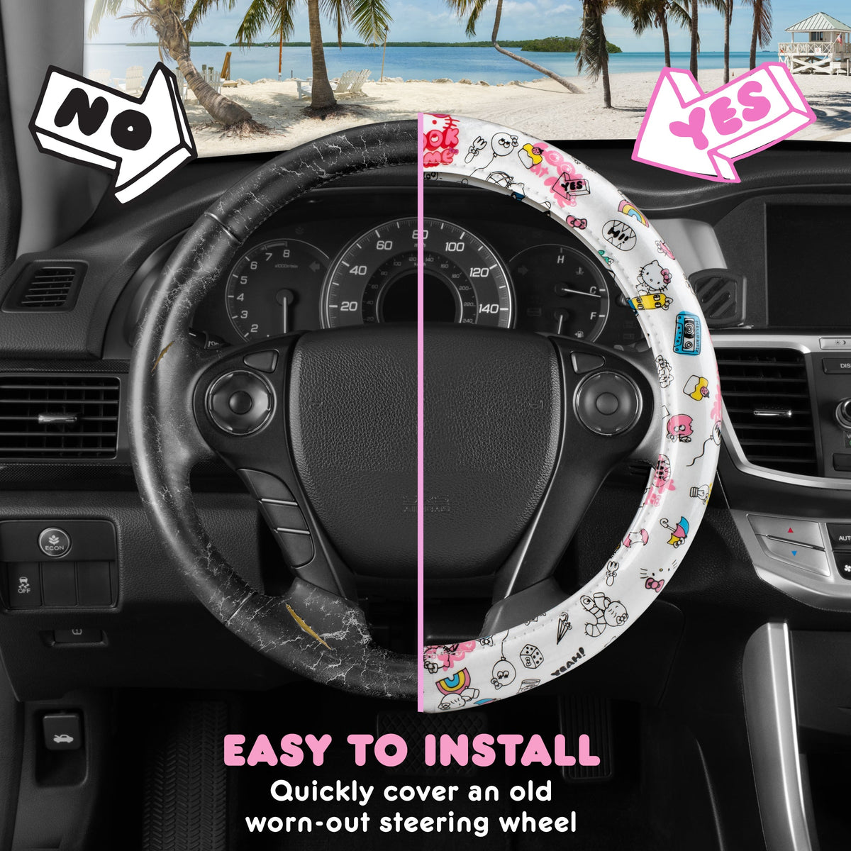 Hallo Kitty Lenkrad Abdeckung, Offizielle Sanrio Auto Lenkrad Abdeckung mit Universalgröße 14.5 - 15.5, Niedlich Weißes Lenkrad Abdeckung für Frauen, Hallo Kitty Auto Zubehör (Hallo Kitty Look At Me)