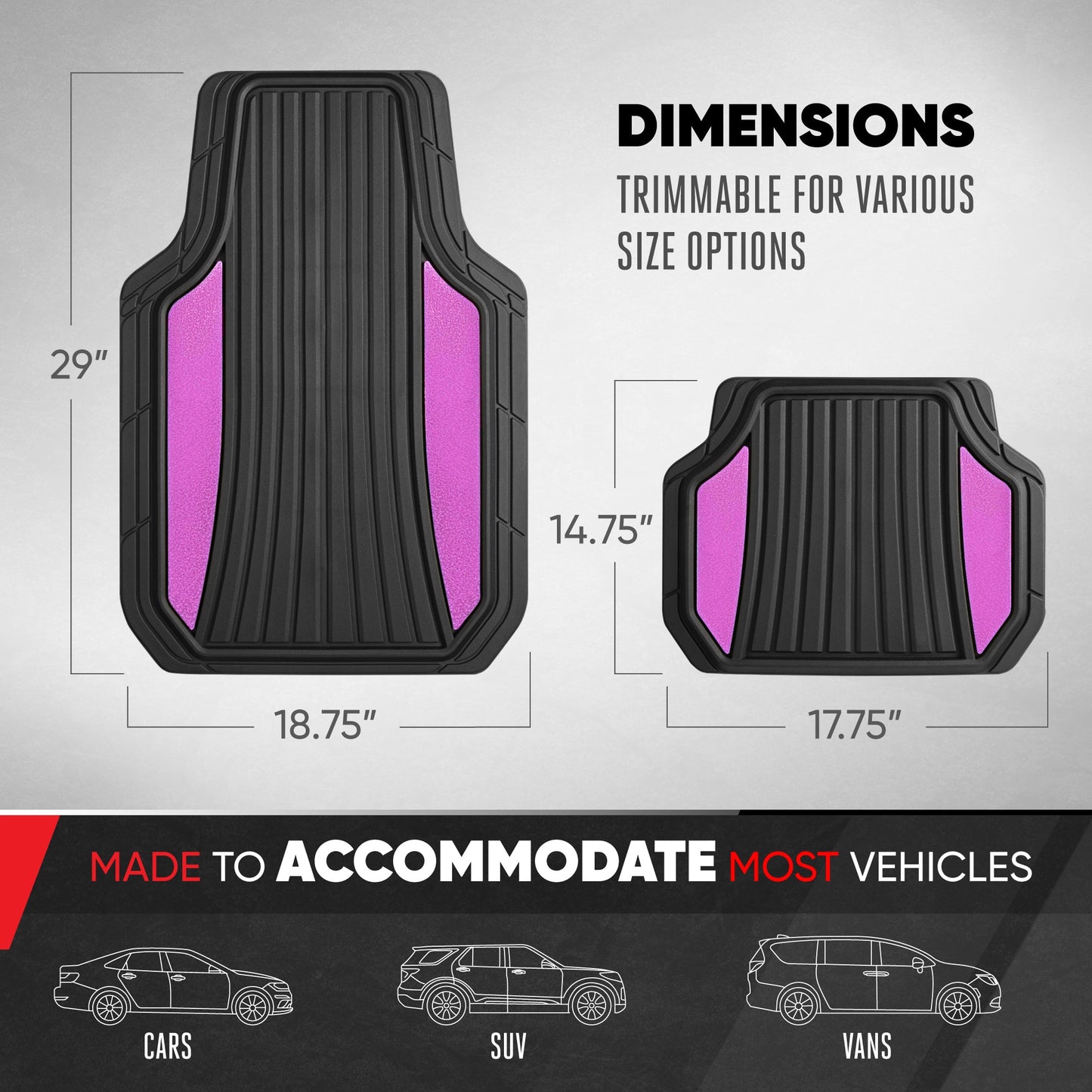 Motor Trend ChromeTech Autobodenmatten Volles Set - Langlebige Gummibodenmatten für Autos mit zwei Ton Akzent, All Wetter Innenschutz für Vorder- und Rückseite mit rutschfester Rückseite, Schwarz & Pink