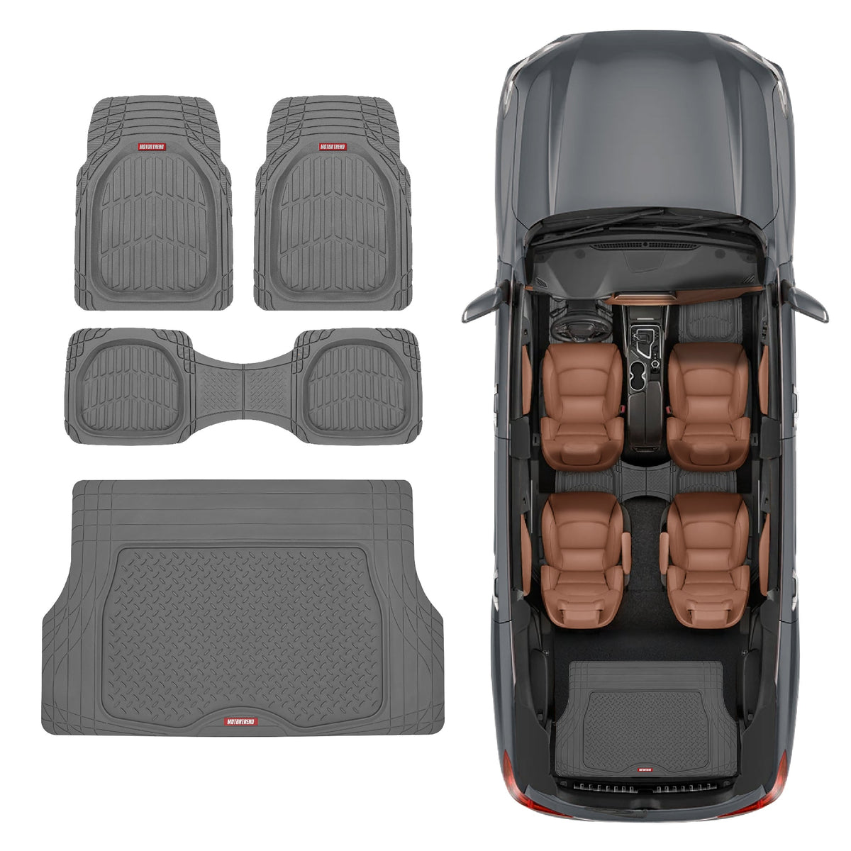 MotorTrend 4-Stück FlexTough Deep Dish Vorderbodenmatten, Hinterbodenmatte und Trunk / Cargo Mat - Heavy Duty, All Weather, Trim to Fit