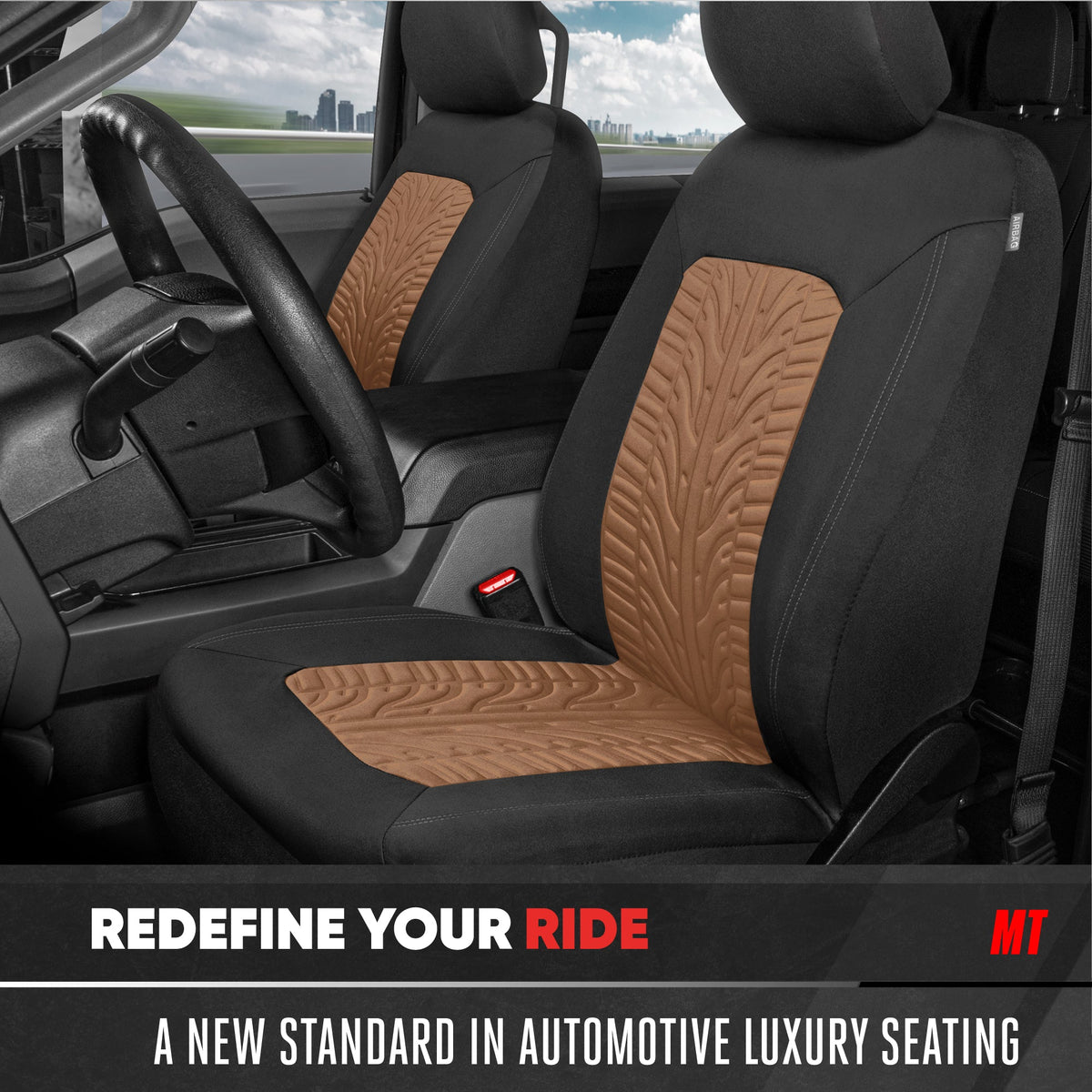 Motor Trend GrandPrix Sitzbezüge für Autos, 2-Pack Black & Beige Reifen Lauffläche geprägte Autositzbezüge für Vordersitze, Automotive Interior Abdeckungen für Auto LKW Van SUV