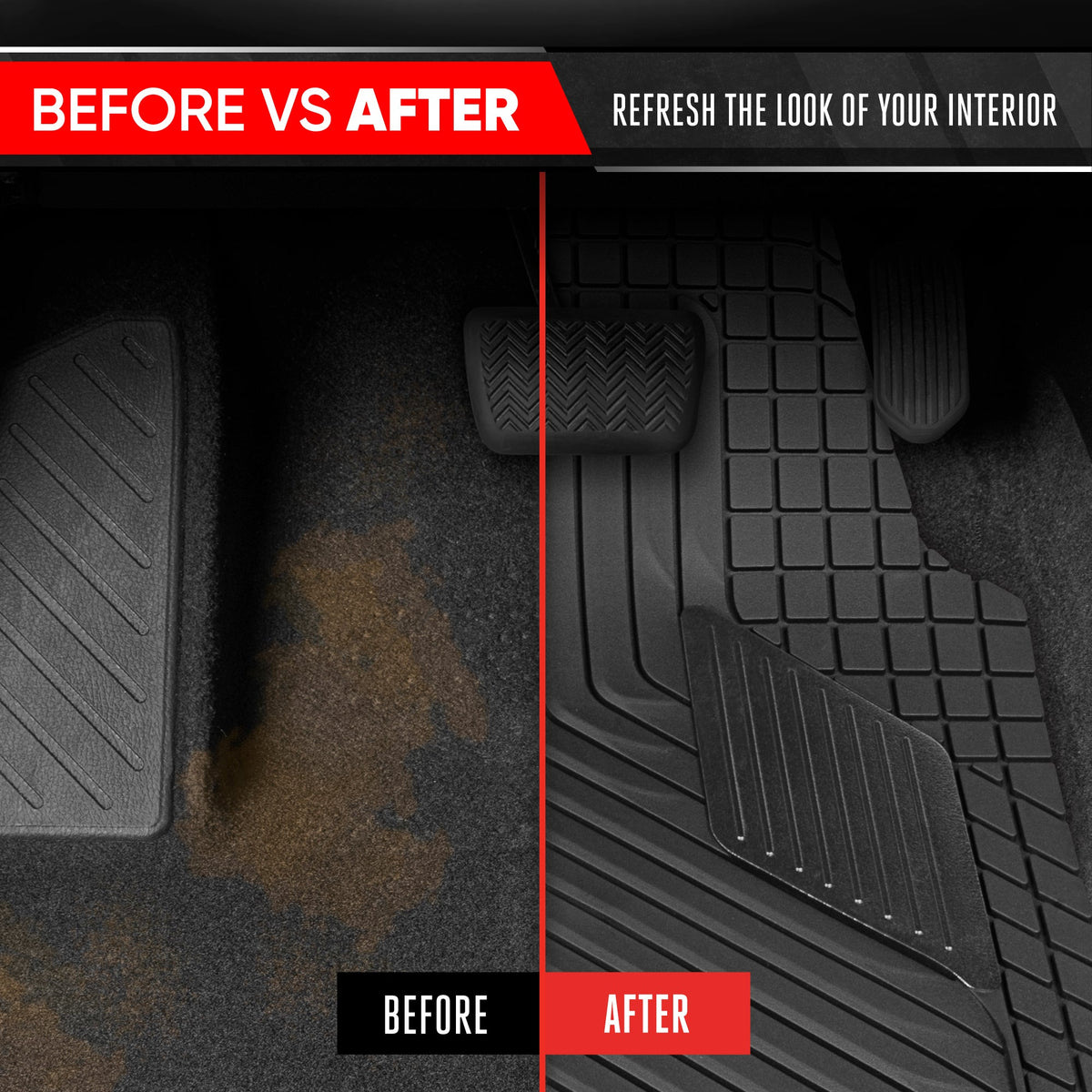 Motor Trend MetallicGuard Car Bodenmatten Volles Set - Langlebige Gummibodenmatten mit schwarzem Metallic Ferse Pad, Allwetter-Innenschutz für Vorder- und Rückseite mit rutschfester Rückseite