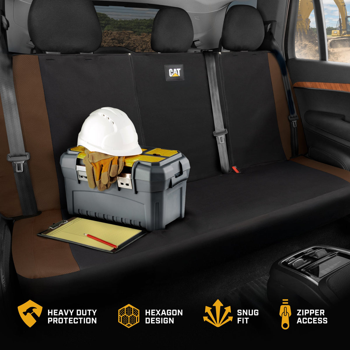 Cat Flexfit Brown Rear Seat Cover für Auto - Langlebiger Canvas & Mesh Design 60/40 Split Bench Protector für Autos, LKW & SUVs - Rücksitz Abdeckung für Hinterbank - Interieur Car Zubehör