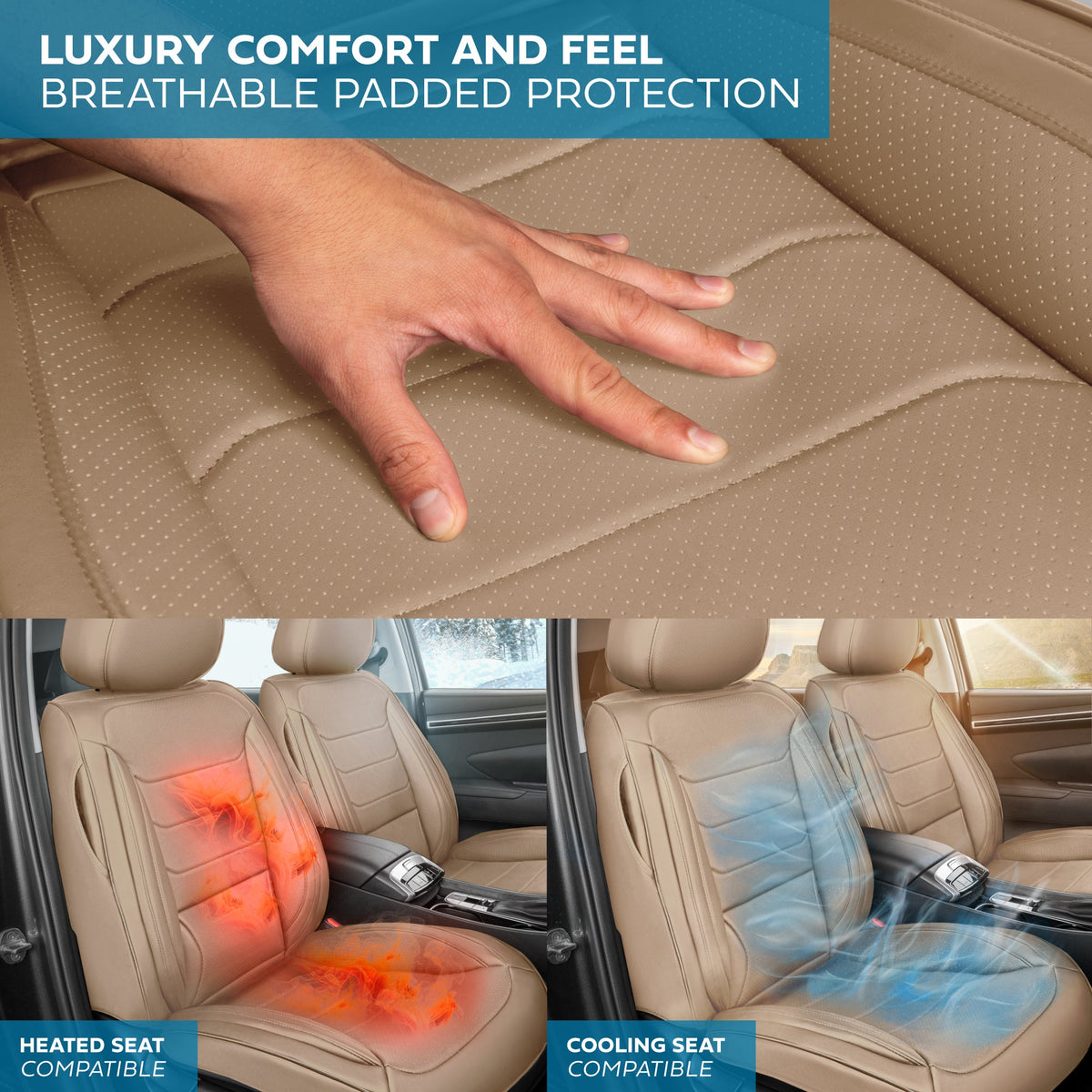 MotorBox Elite Edition Faux Ledersitz Abdeckungen für Autos, LKW und SUV - 2 Beige Autositz Abdeckungen für Vordersitze - Universal Fit Car Zubehör Automotive Interior Cover Protector für die meisten Fahrzeuge