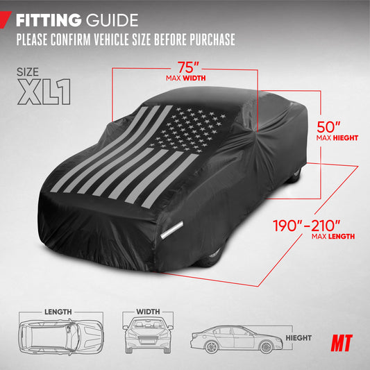 Motor Trend Black USA Flag Wasserdichte Autoabdeckung - Allwetterschutz im Freien, UV-resistent, winddicht, kratzfest - Semi-Universal Fit Limousine Full Car Cover für Sonnenregen Schnee (191'- 210' Länge)