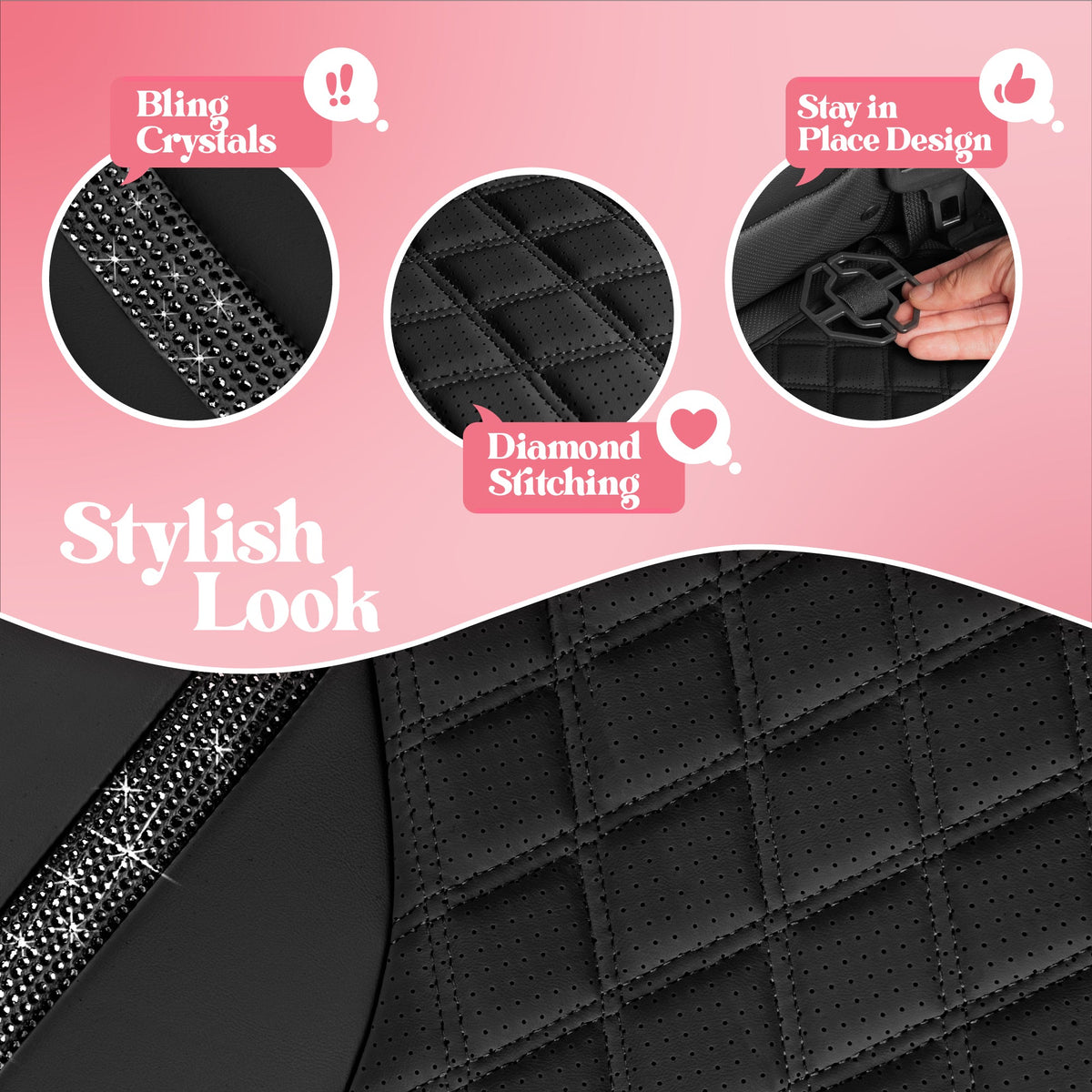 Carbella 7-Piece BlingStitch Rücksitzbezüge - Klare Kristalle