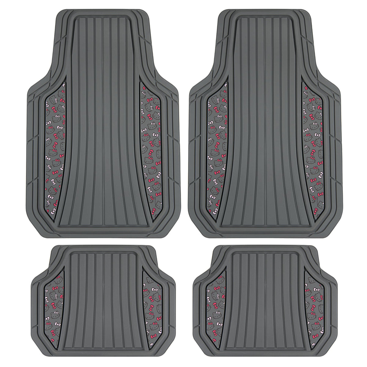 Hello Kitty Car Matts 4pc Bodenmatten für Autos LKWs SUVs Kawaii Autobodenmatten für Damen Männer Zubehör Gummi Heavy Duty Niedlich niedlich, immer vorne hinten Hallo Kitty Car Zubehör Classic Gray mit rosa Bögen