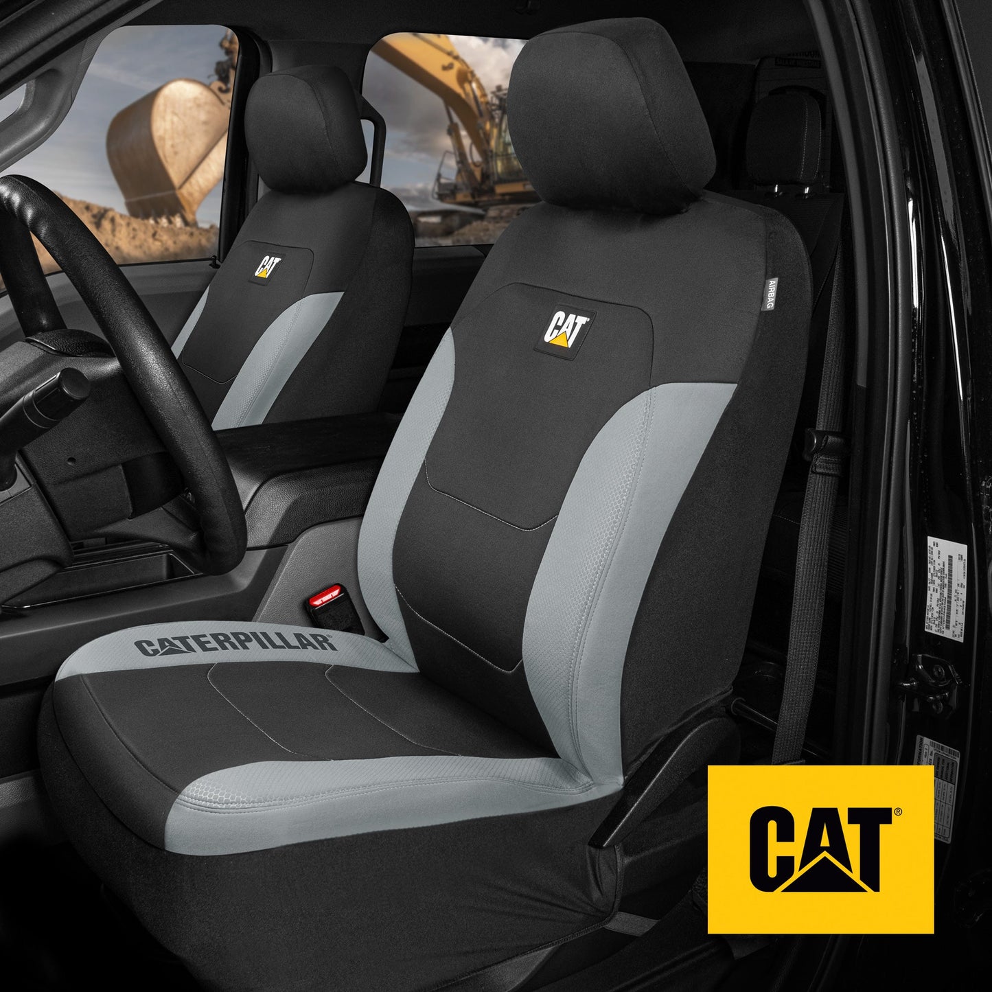 CAT Black & Gray Car Seat Covers Full Set – Front Seat Covers & Rear Bench Seat Cover – Airbag-kompatibel, 60/40 Split Bench für LKW, PKW & SUVs – Automotive Interior Seat Protection Zubehör – Alias 639034929689400484