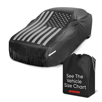 Motor Trend Black USA Flag Wasserdichte Autoabdeckung - Allwetterschutz im Freien, UV-resistent, winddicht, kratzfest - Semi-Universal Fit Limousine Full Car Cover für Sonnenregen Schnee (171'- 190' Länge)