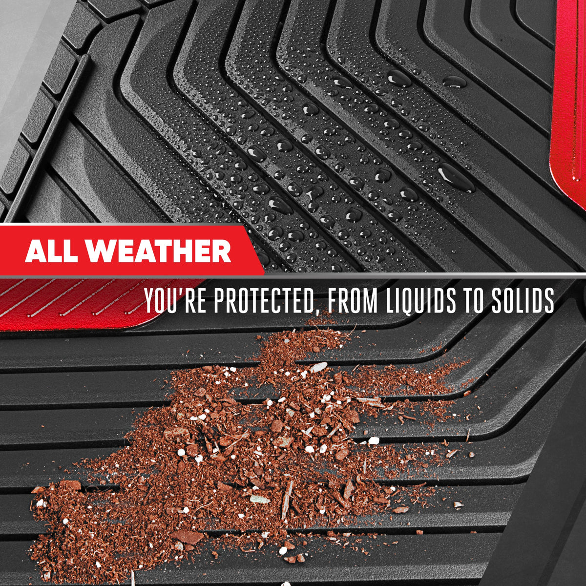 Motor Trend MetallicGuard Car Bodenmatten Volles Set - Langlebige Gummibodenmatten mit rotem Metallic Ferse Pad, Allwetter-Innenschutz für Vorder- und Rückseite mit rutschfester Rückseite
