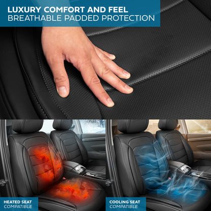 MotorBox Elite Edition Faux Ledersitz Abdeckungen für Autos, LKW und SUV - 2 schwarze Autositz Abdeckungen für Vordersitze - Universal Fit Car Zubehör Automotive Interior Cover Protector für die meisten Fahrzeuge