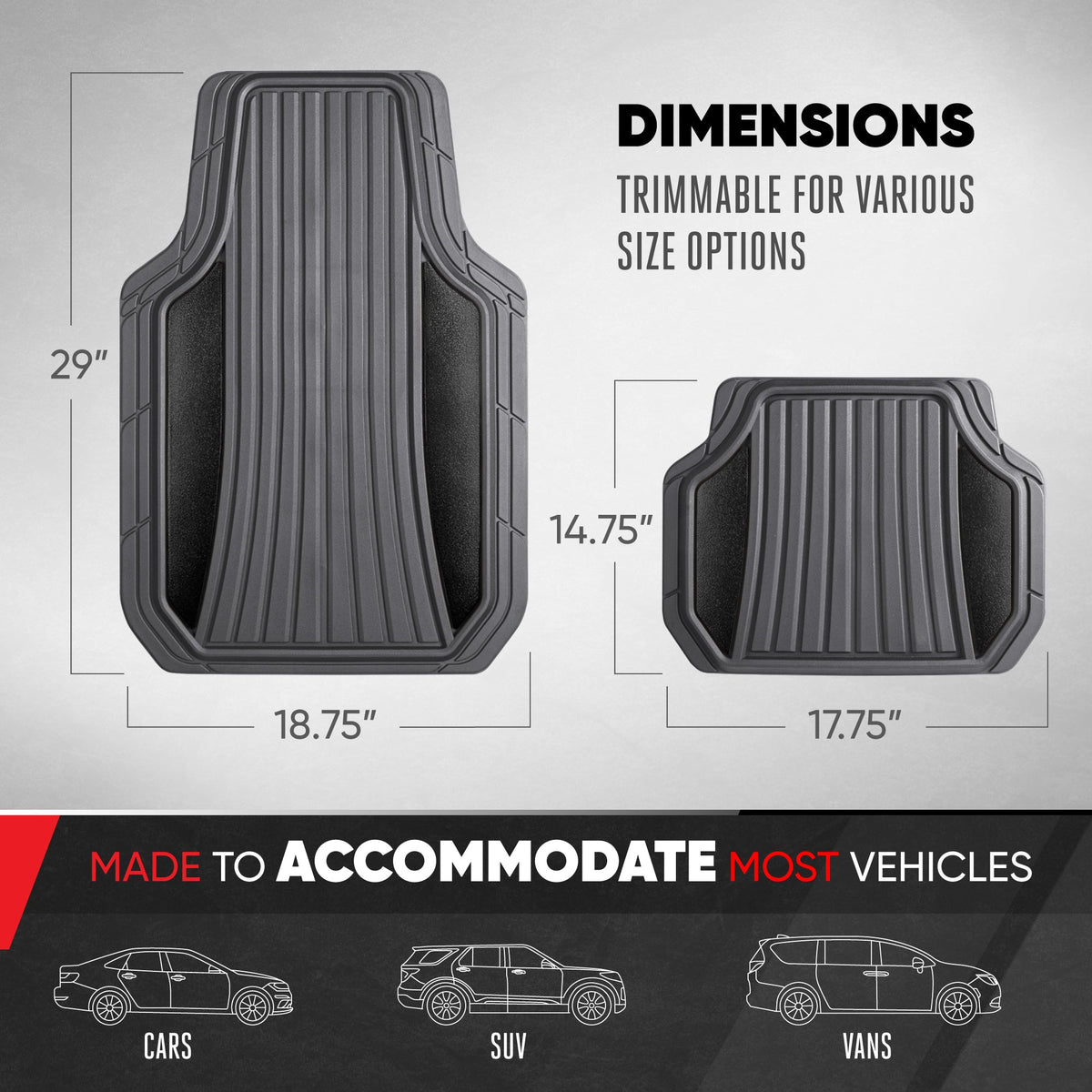 Motor Trend ChromeTech Autobodenmatten Volles Set - Langlebige Gummibodenmatten für Autos mit zwei Ton Akzent, All Wetter Innenschutz für Vorder- und Rückseite mit rutschfester Rückseite, grau / schwarz
