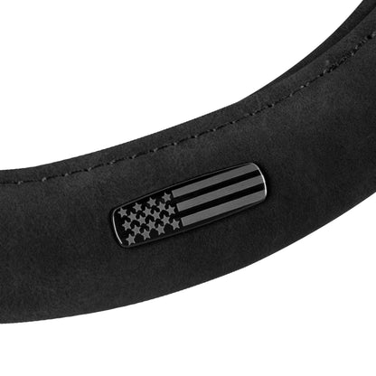 Cat® Honor Line Flux Lederlenkrad Abdeckung w Metall Flag Emblem, Schwarze Lederette, Standard 14.5-15.5 Zoll, Non Slip Komfort, Auto Lenkrad Abdeckung für Auto Truck SUV, Auto Zubehör