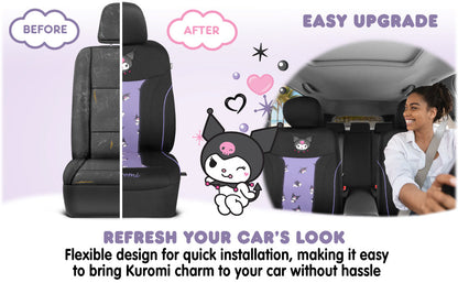 Hello Kitty Kuromi Autositzbezüge - Niedliche schwarze und violette Vordersitzbezüge mit Lavendelakzenten, langlebiges und komfortables Polyester, Autozubehör Hallo Kitty Zubehör 2pc