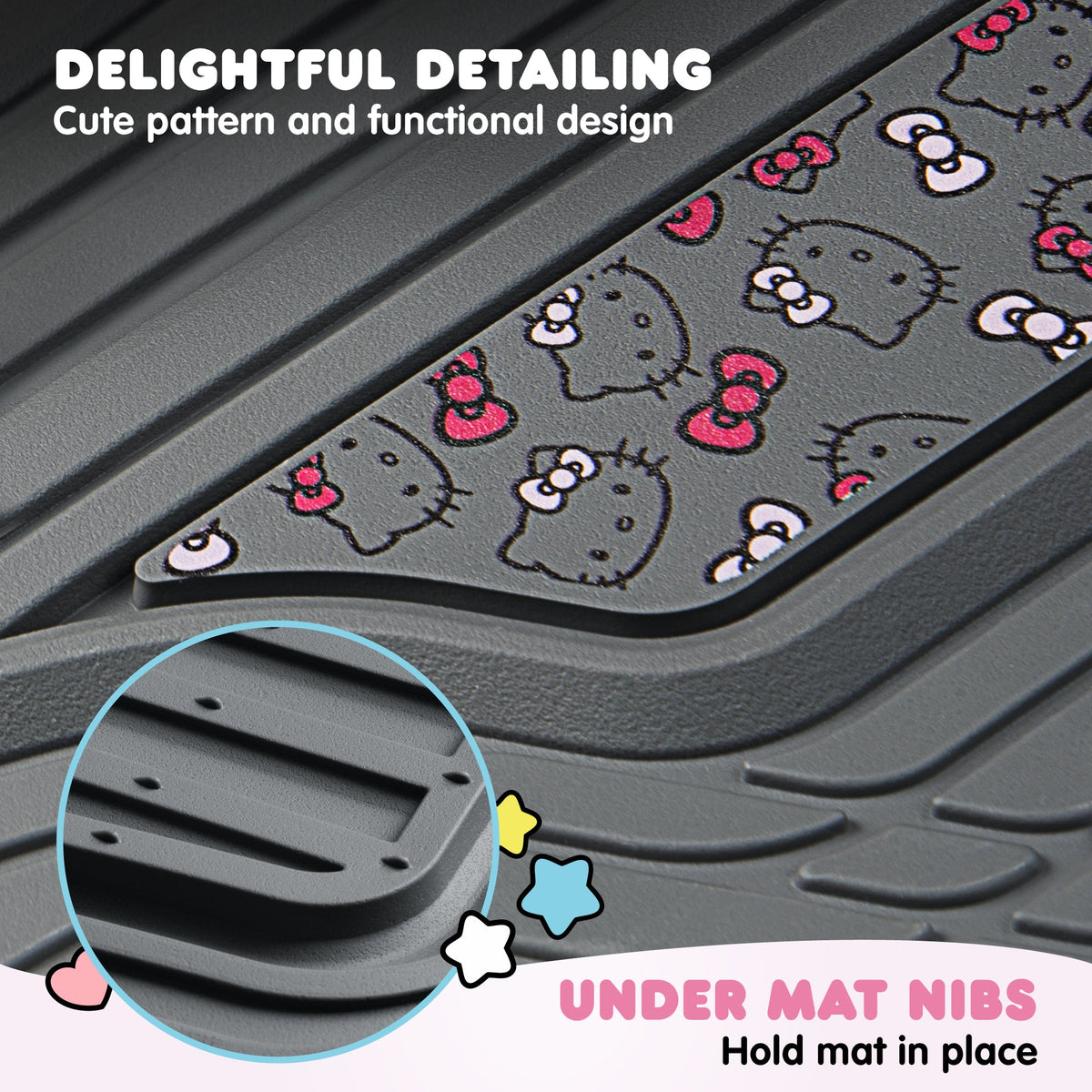 Hello Kitty Car Matts 4pc Bodenmatten für Autos LKWs SUVs Kawaii Autobodenmatten für Damen Männer Zubehör Gummi Heavy Duty Niedlich niedlich, immer vorne hinten Hallo Kitty Car Zubehör Classic Gray mit rosa Bögen