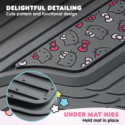 Hello Kitty Car Matts 4pc Bodenmatten für Autos LKWs SUVs Kawaii Autobodenmatten für Damen Männer Zubehör Gummi Heavy Duty Niedlich niedlich, immer vorne hinten Hallo Kitty Car Zubehör Classic Gray mit rosa Bögen