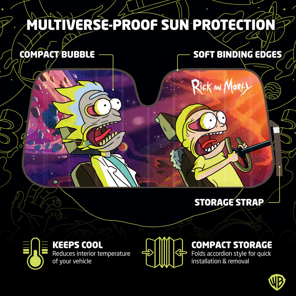 Rick und Morty Car Windschutzscheibe Sonnenschutz-Akkordeon-Stil für Auto Front Windschutzscheibe Fenster - 58' (W) x 27' (L)