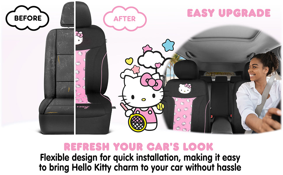 Hello Kitty Car Seat Cover - Niedliche und langlebige Pink Vordersitzbezug, Adorable Hello Kitty Design, Komfortable und lang anhaltende Polyester, Autozubehör Geschenk Hello Kitty Zubehör 1pc Schwarz / Pink