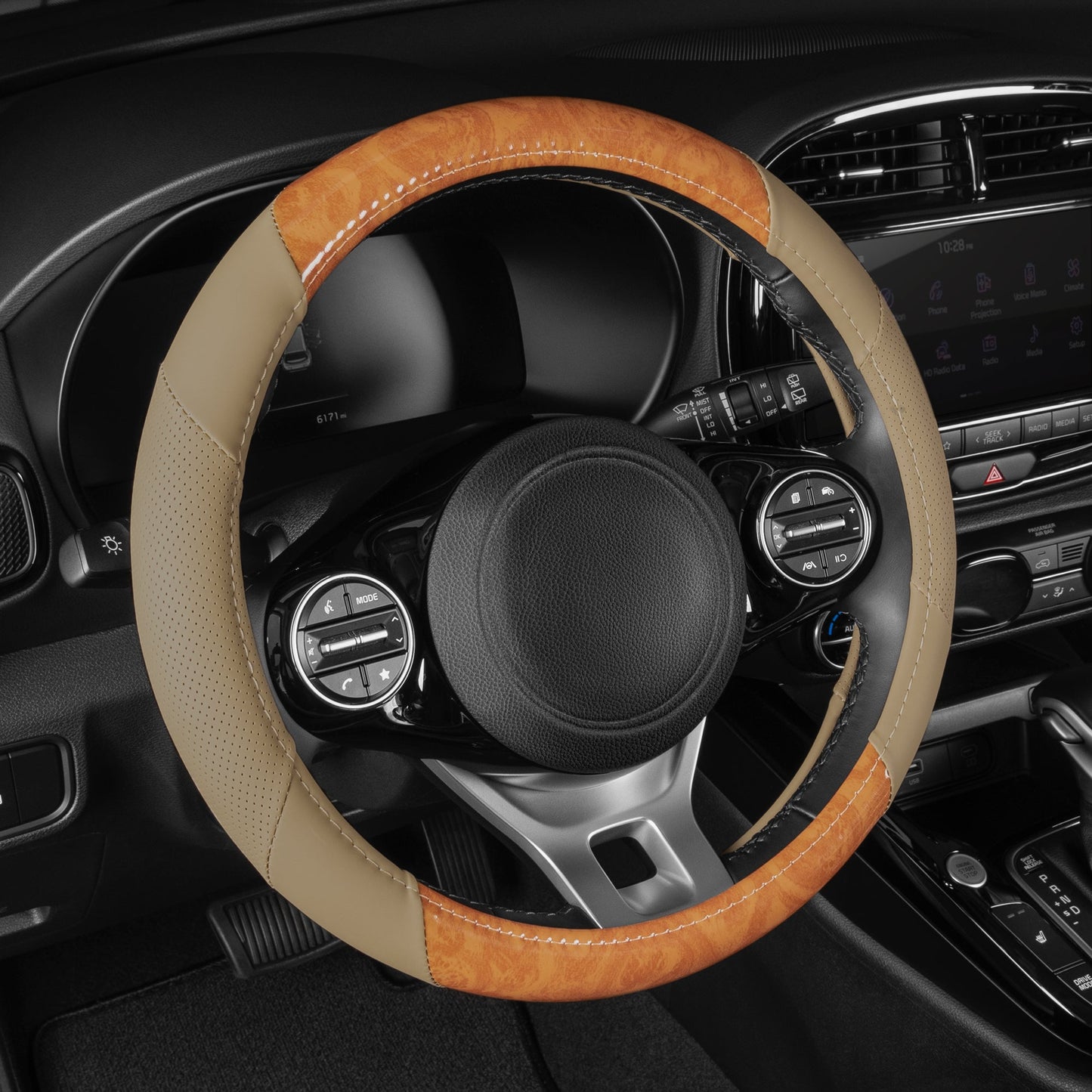BDK Burlwood Pattern und Leder-Sport Grip Lenkrad Abdeckung (Fits 14.5' - 15.5')