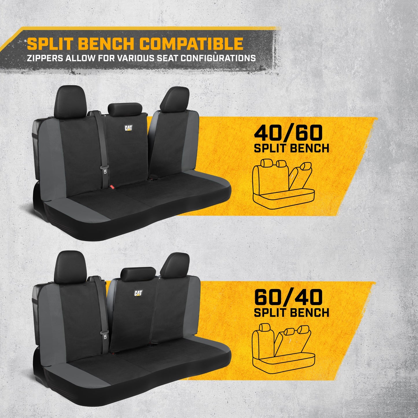 CAT Black & Gray Car Seat Covers Full Set – Front Seat Covers & Rear Bench Seat Cover – Airbag-kompatibel, 60/40 Split Bench für LKW, PKW & SUVs – Automotive Interior Seat Protection Zubehör – Alias 639034929689400484