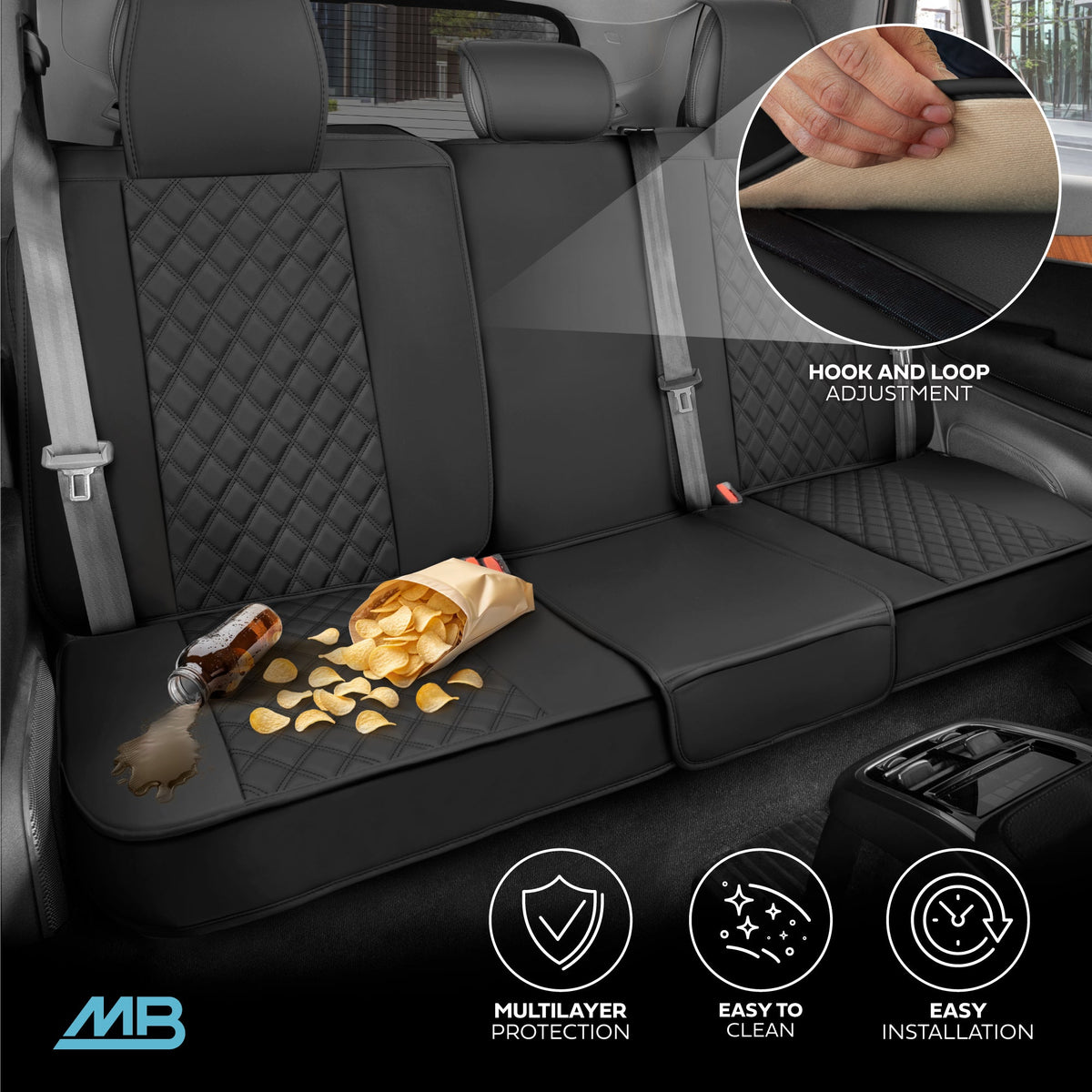MotorBox Premium Napa Lederrücksitz Abdeckung - Semi Universal Fit für die meisten Autos, LKW & SUV - Black Back Seat Protector - Anti-Rutsch, langlebige Bench Abdeckung - Einfache Installation, Luxus Auto Interior Upgrade