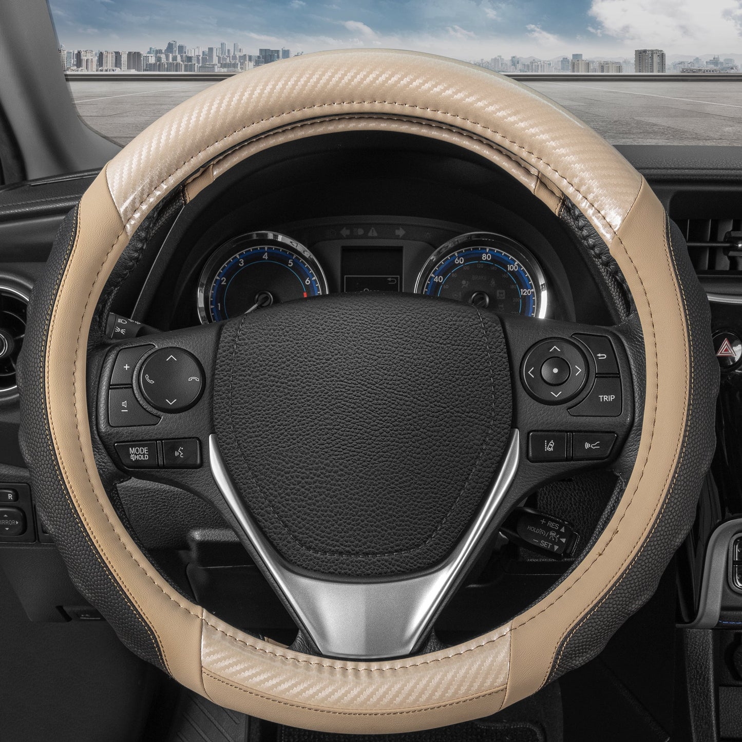 Motor Trend UltraSport Carbon Fiber Steering Wheel Cover, Standard 15 Zoll Größe, Black Faux Leather Comfort Grip, Car Steering Wheel Cover für Auto Truck Van SUV (Mehrere Farben)