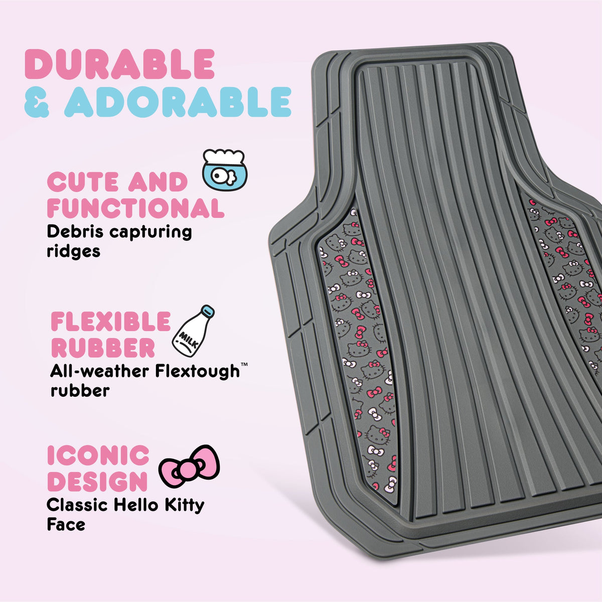 Hello Kitty Car Matts 4pc Bodenmatten für Autos LKWs SUVs Kawaii Autobodenmatten für Damen Männer Zubehör Gummi Heavy Duty Niedlich niedlich, immer vorne hinten Hallo Kitty Car Zubehör Classic Gray mit rosa Bögen