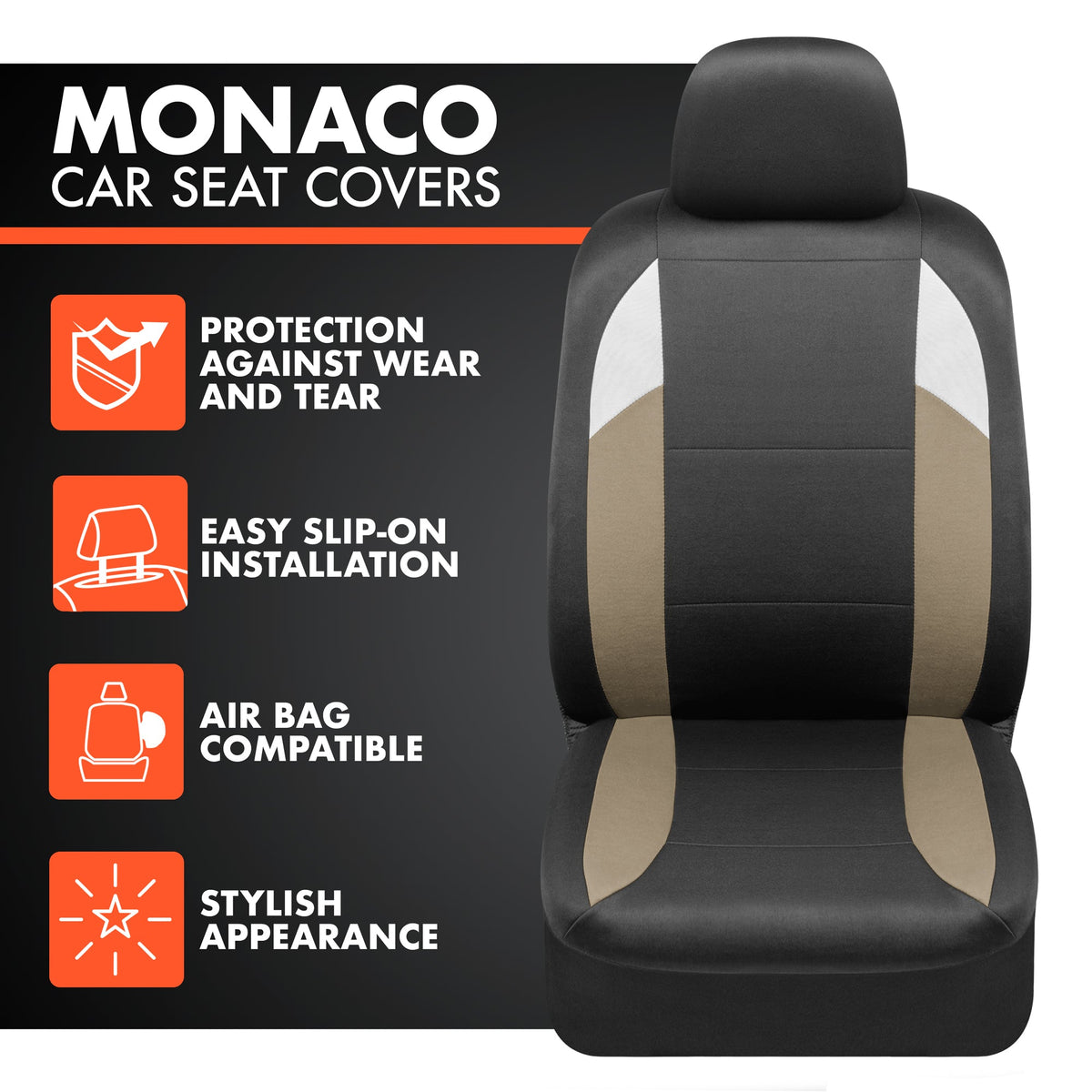 BDK carXS Monaco Sitzbezüge für Autos Vollständig, Beige Tri-Tone Vordersitzbezüge mit Split Rear Bench Back Seat Cover, Automobilsitzbezüge für LKW SUV Van Auto (Mehrere Farben)