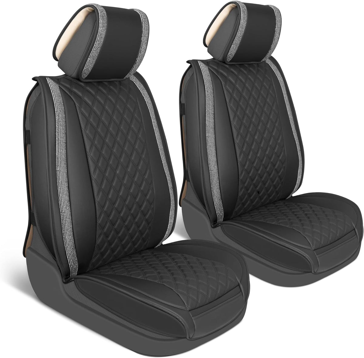 BlingStitchTM Car Seat Covers für Vordersitze - Luxuriöse vegane Ledersitzbezüge für Autos mit schwarzen Bling-Kristallen, Premium Automotive Seat Covers für SUV, Trucks, Car Bling Luxury