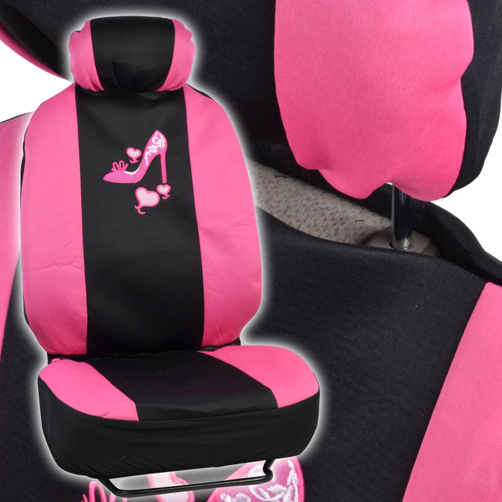 BDK 12-Piece Hot Pink Heels Vordersitzbezüge, Rücksitzbezüge, Sitzgurtpads und Lenkradbezüge (Fits 14.5' - 15.5')