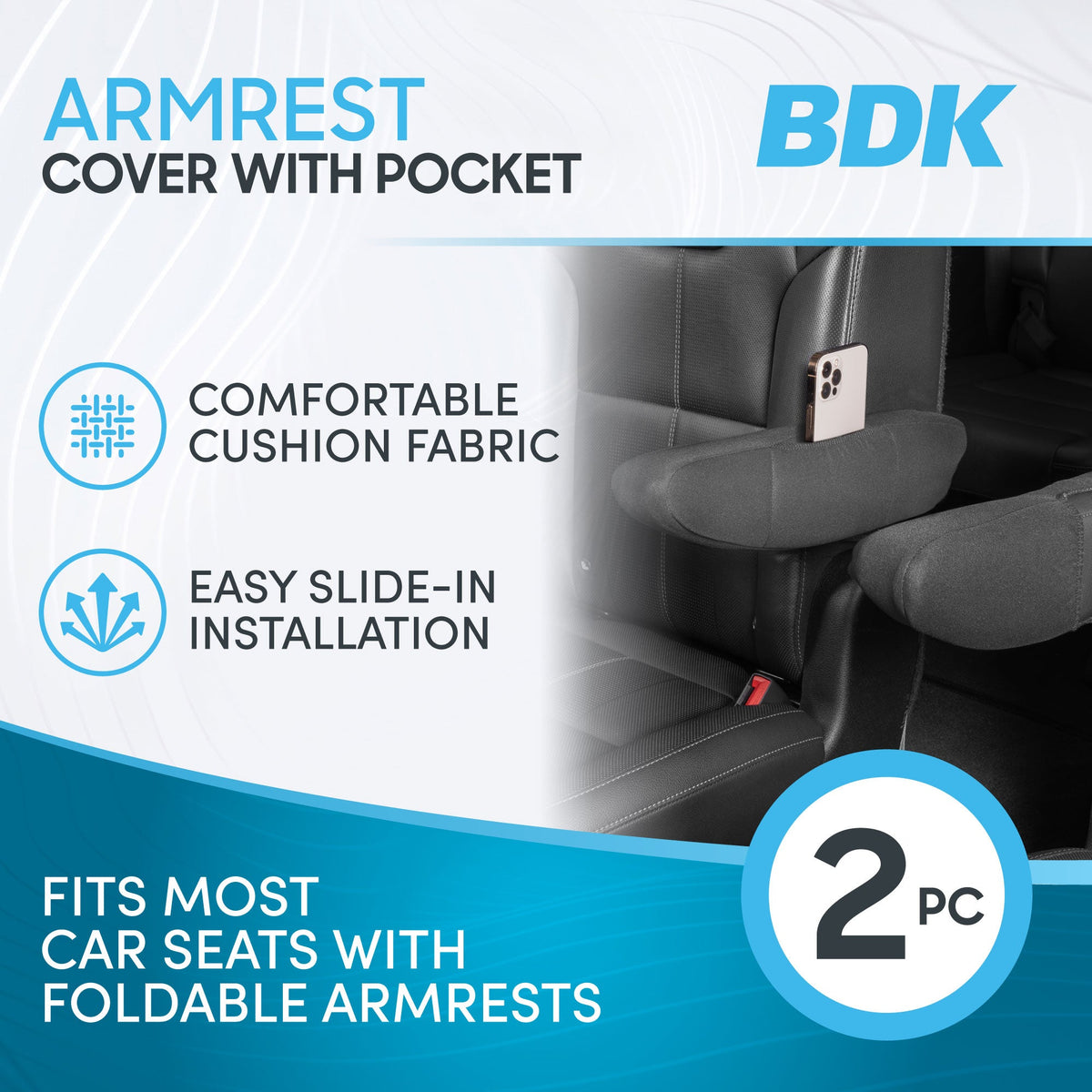 BDK 2-Pack PolyCloth Armlehnenabdeckungen für Autositze mit Taschen