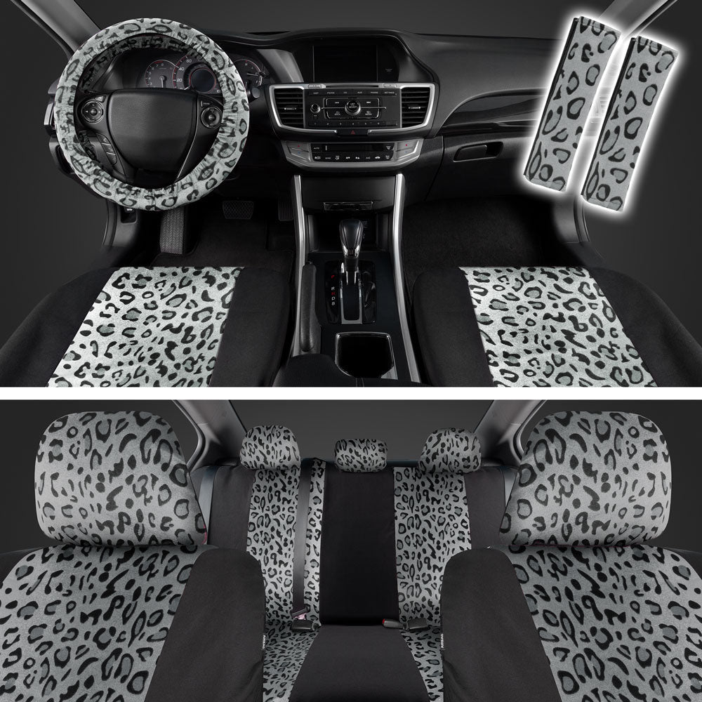 BDK 12-Piece Silver Leopard Vordersitzbezüge, Rücksitzbezüge, Sitzgurtpads und Lenkradbezüge (Fits 14.5' - 15.5')