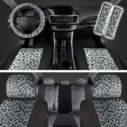 BDK 12-Piece Silver Leopard Vordersitzbezüge, Rücksitzbezüge, Sitzgurtpads und Lenkradbezüge (Fits 14.5' - 15.5')