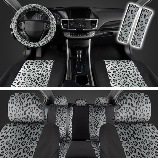 BDK 12-Piece Silver Leopard Vordersitzbezüge, Rücksitzbezüge, Sitzgurtpads und Lenkradbezüge (Fits 14.5' - 15.5')
