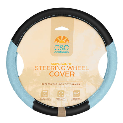 C&C California Car Steering Wheel Cover Blaue Diamant Quilt, Non Slip Leder Lenkrad Abdeckung für Männer, Niedlich Komfortable Soft Easy Installation Universal Fit (Fits 14.5'-15.5' Zoll)